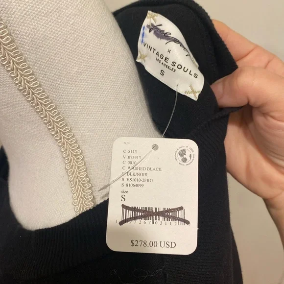 New Free People X Vintage Soul Crystal Fringe Crew Size S Washed Black - Picture 13 of 14